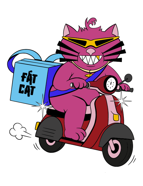 The FAT CAT mascot riding a delivery scooter