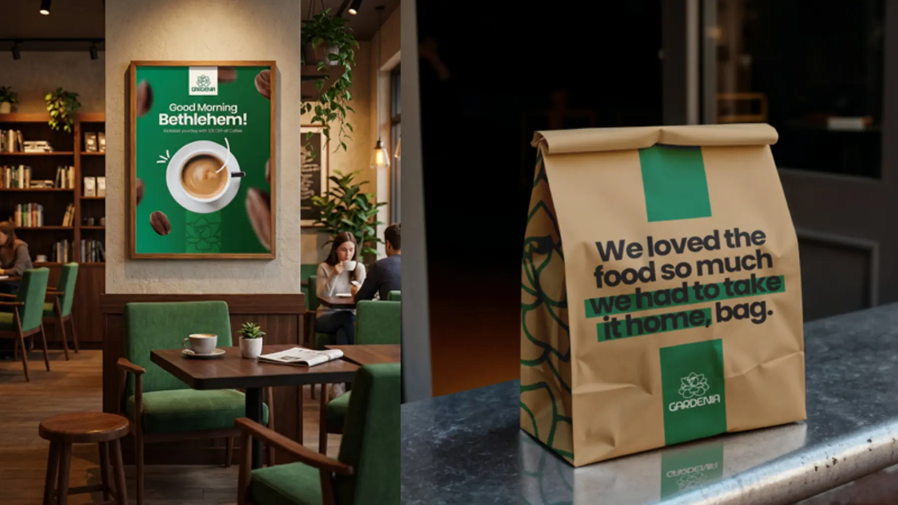 Gardenia café poster and takeaway bag